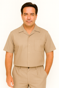 Men's Short Sleeve Khaki Plain Linen Casual Casual Two Piece Mens Walking Outfit For Sale Pant Sets Suit Pleated Pant - Mens Linen Suit