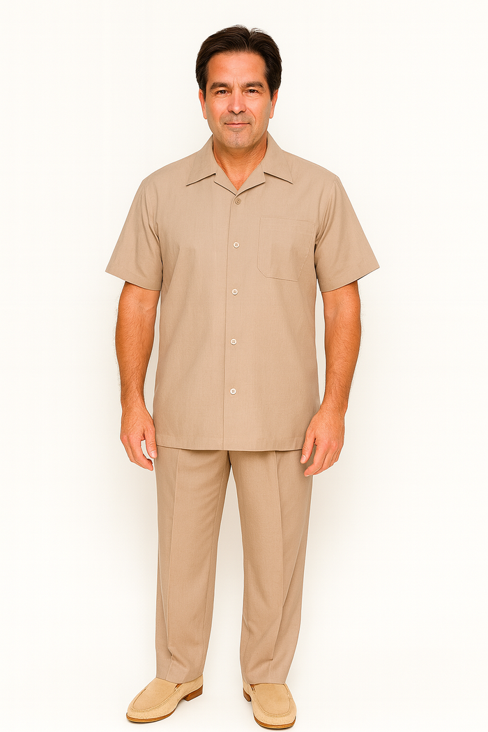 Men's Short Sleeve Khaki Plain Linen Casual Casual Two Piece Mens Walking Outfit For Sale Pant Sets Suit Pleated Pant - Mens Linen Suit