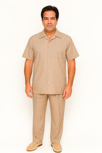 Men's Short Sleeve Khaki Plain Linen Casual Casual Two Piece Mens Walking Outfit For Sale Pant Sets Suit Pleated Pant - Mens Linen Suit