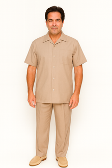 Men's Short Sleeve Khaki Plain Linen Casual Casual Two Piece Mens Walking Outfit For Sale Pant Sets Suit Pleated Pant - Mens Linen Suit