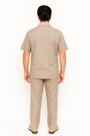 Men's Short Sleeve Khaki Plain Linen Casual Casual Two Piece Mens Walking Outfit For Sale Pant Sets Suit Pleated Pant - Mens Linen Suit - Image 2