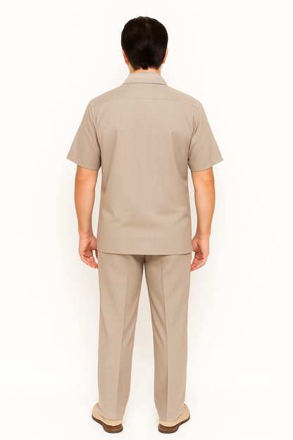Men's Short Sleeve Khaki Plain Linen Casual Casual Two Piece Mens Walking Outfit For Sale Pant Sets Suit Pleated Pant - Mens Linen Suit - Image 2