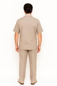 Men's Short Sleeve Khaki Plain Linen Casual Casual Two Piece Mens Walking Outfit For Sale Pant Sets Suit Pleated Pant - Mens Linen Suit