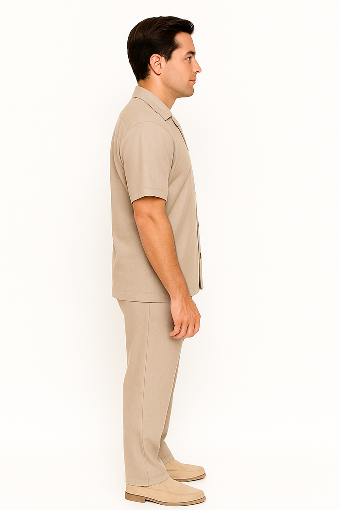 Men's Short Sleeve Khaki Plain Linen Casual Casual Two Piece Mens Walking Outfit For Sale Pant Sets Suit Pleated Pant - Mens Linen Suit - Image 4