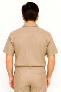 Men's Short Sleeve Khaki Plain Linen Casual Casual Two Piece Mens Walking Outfit For Sale Pant Sets Suit Pleated Pant - Mens Linen Suit