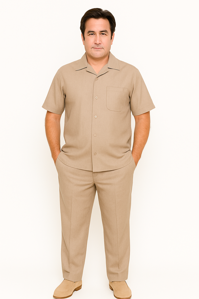 Men's Short Sleeve Khaki Plain Linen Casual Casual Two Piece Mens Walking Outfit For Sale Pant Sets Suit Pleated Pant - Mens Linen Suit - Image 7
