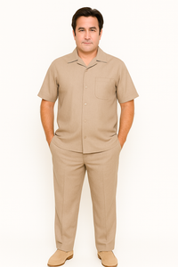 Men's Short Sleeve Khaki Plain Linen Casual Casual Two Piece Mens Walking Outfit For Sale Pant Sets Suit Pleated Pant - Mens Linen Suit