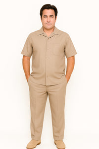Men's Short Sleeve Khaki Plain Linen Casual Casual Two Piece Mens Walking Outfit For Sale Pant Sets Suit Pleated Pant - Mens Linen Suit