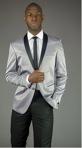 Men's  Silver Grey ~ Gray  Slim Fit Black Lapel Two toned Fashion For Men