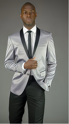 Men's  Silver Grey ~ Gray  Slim Fit Black Lapel Two toned Fashion For Men