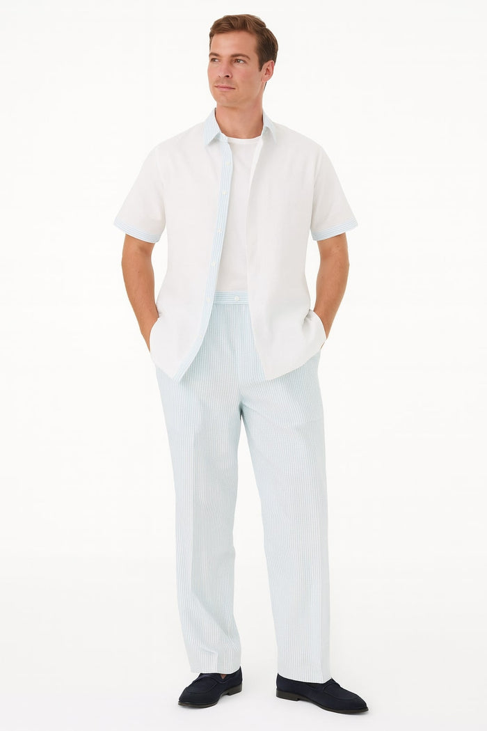 Men’s Sky Blue Two-Piece Short Sleeve Walking Suit Plus Matching Pants – Casual Summer Outfit