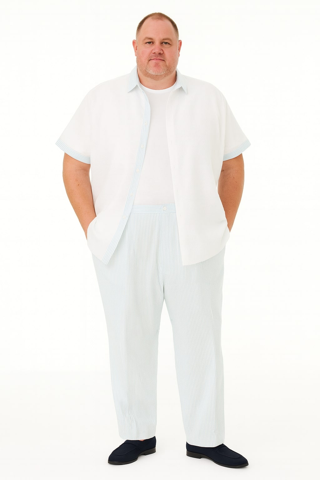 Men’s Sky Blue Two-Piece Short Sleeve Walking Suit Plus Matching Pants – Casual Summer Outfit
