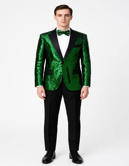 Men's Green Sequin Tuxedo Jacket with Black Satin Lapel and Bow Tie – Sparkling Party and Stage Blazer By Alberto Nardoni - Image 5