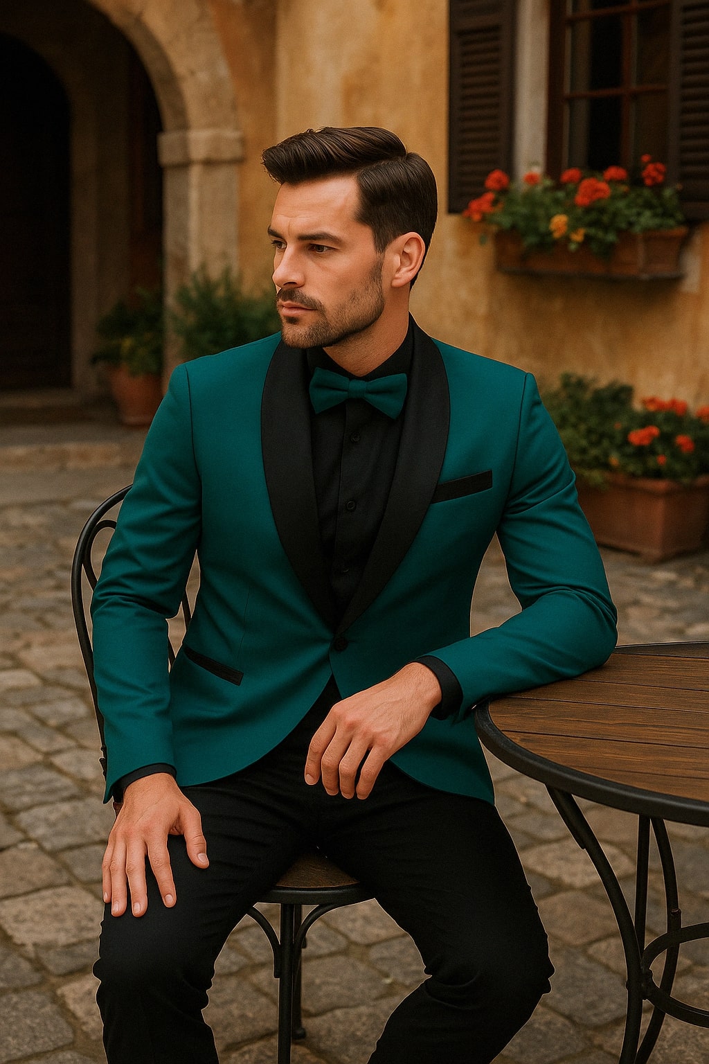 Men's Teal Blue Velvet Tuxedo with Black Satin Lapel and Bow Tie + Black Pants - Image 10