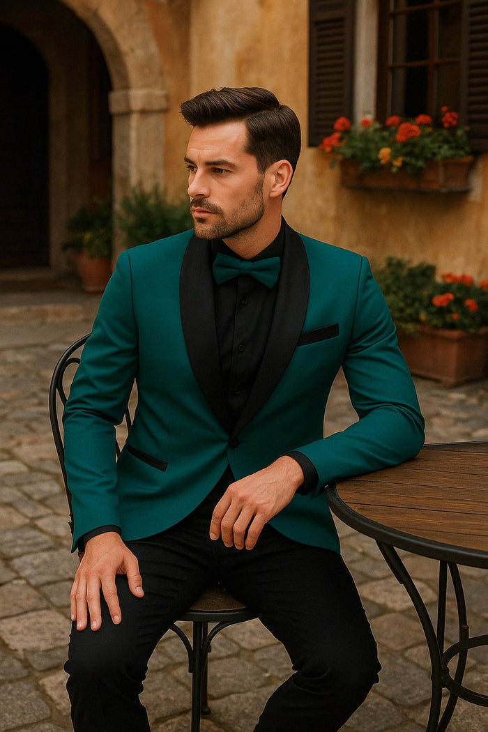 Men's Teal Blue Velvet Tuxedo with Black Satin Lapel and Bow Tie + Black Pants - Image 10