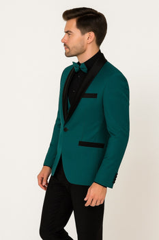 Men's Teal Blue Velvet Tuxedo with Black Satin Lapel and Bow Tie + Black Pants - Image 11