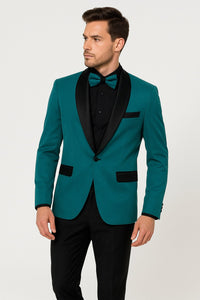 Men's Teal Blue Velvet Tuxedo with Black Satin Lapel and Bow Tie + Black Pants