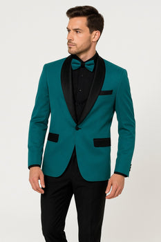 Men's Teal Blue Velvet Tuxedo with Black Satin Lapel and Bow Tie + Black Pants - Image 9