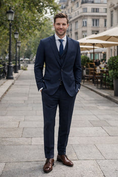 Tiglio Italian Suit - Real Wool Fabric Super 150's Porto Slim Fit Suit & Vest, Pure Wool Suit in Color Navy