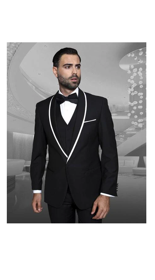 Men's Trimmed Shawl Lapel Blazer Dinner Jacket Black Vested Sport Coat