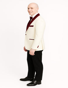 Men’s White Floral Tuxedo Jacket with Burgundy Velvet Shawl Lapel  Ivory Suits – Wedding, Prom, and Formal Event Suit