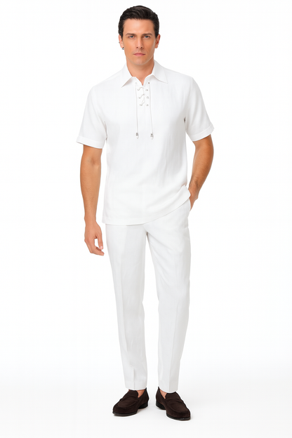 Men’s White Lace-Up Shirt and Pants Set – Casual Summer Two-Piece Outfit With Walking Suit Plus Matching Pants