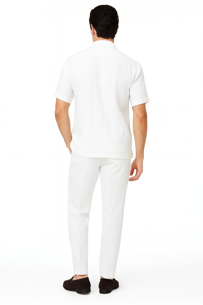 Men’s White Lace-Up Shirt and Pants Set – Casual Summer Two-Piece Outfit With Walking Suit Plus Matching Pants