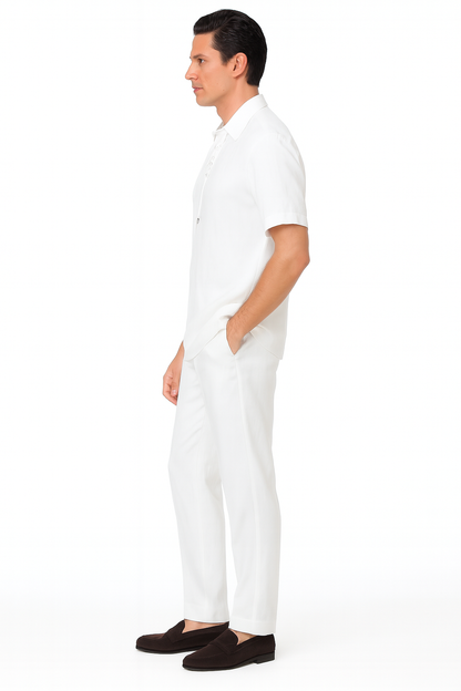 Men’s White Lace-Up Shirt and Pants Set – Casual Summer Two-Piece Outfit With Walking Suit Plus Matching Pants