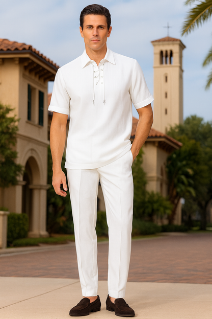 Men’s White Lace-Up Shirt and Pants Set – Casual Summer Two-Piece Outfit With Walking Suit Plus Matching Pants