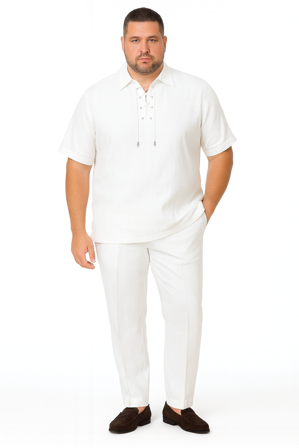 Men’s White Lace-Up Shirt and Pants Set – Casual Summer Two-Piece Outfit With Walking Suit Plus Matching Pants