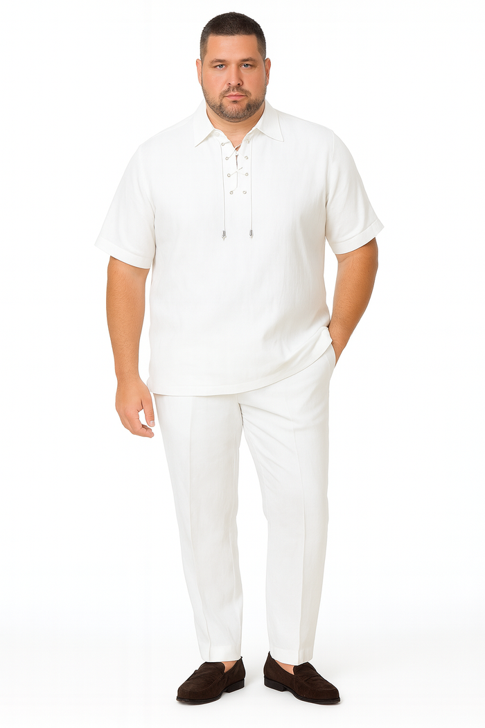 Men’s White Lace-Up Shirt and Pants Set – Casual Summer Two-Piece Outfit With Walking Suit Plus Matching Pants