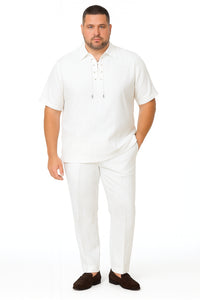 Men’s White Lace-Up Shirt and Pants Set – Casual Summer Two-Piece Outfit