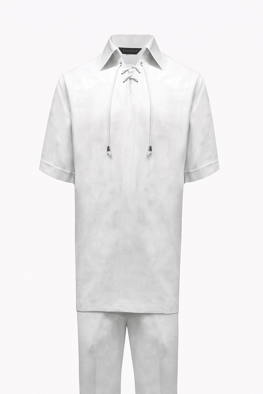 Men’s White Lace-Up Shirt and Pants Set – Casual Summer Two-Piece Outfit With Walking Suit Plus Matching Pants