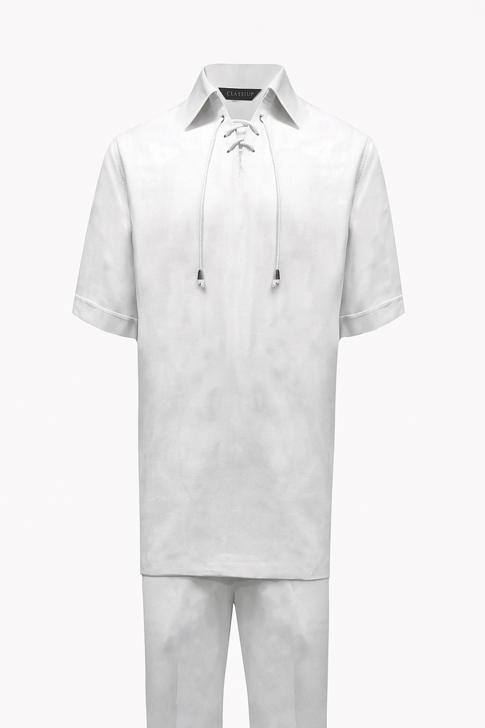 Men’s White Lace-Up Shirt and Pants Set – Casual Summer Two-Piece Outfit With Walking Suit Plus Matching Pants