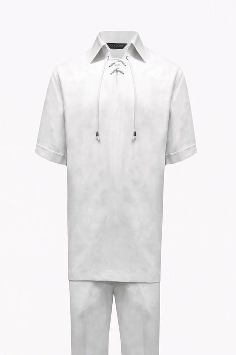 Men’s White Lace-Up Shirt and Pants Set – Casual Summer Two-Piece Outfit