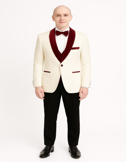 Men’s White Floral Tuxedo Jacket with Burgundy Velvet Shawl Lapel  Ivory Suits – Wedding, Prom, and Formal Event Suit
