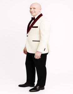 Men’s White Floral Tuxedo Jacket with Burgundy Velvet Shawl Lapel  Ivory Suits – Wedding, Prom, and Formal Event Suit