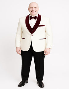 Men’s White Floral Tuxedo Jacket with Burgundy Velvet Shawl Lapel  Ivory Suits – Wedding, Prom, and Formal Event Suit