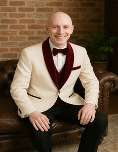 Men’s White Floral Tuxedo Jacket with Burgundy Velvet Shawl Lapel  Ivory Suits – Wedding, Prom, and Formal Event Suit