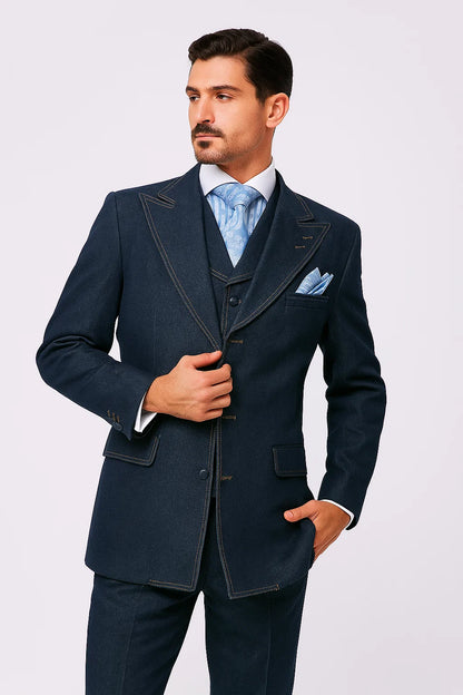 Men's 100% Cotton Denim Blue Suit Set – Double Vent Jacket, Vest & Flat Front Pants Modern Fit Navy 38 Regular