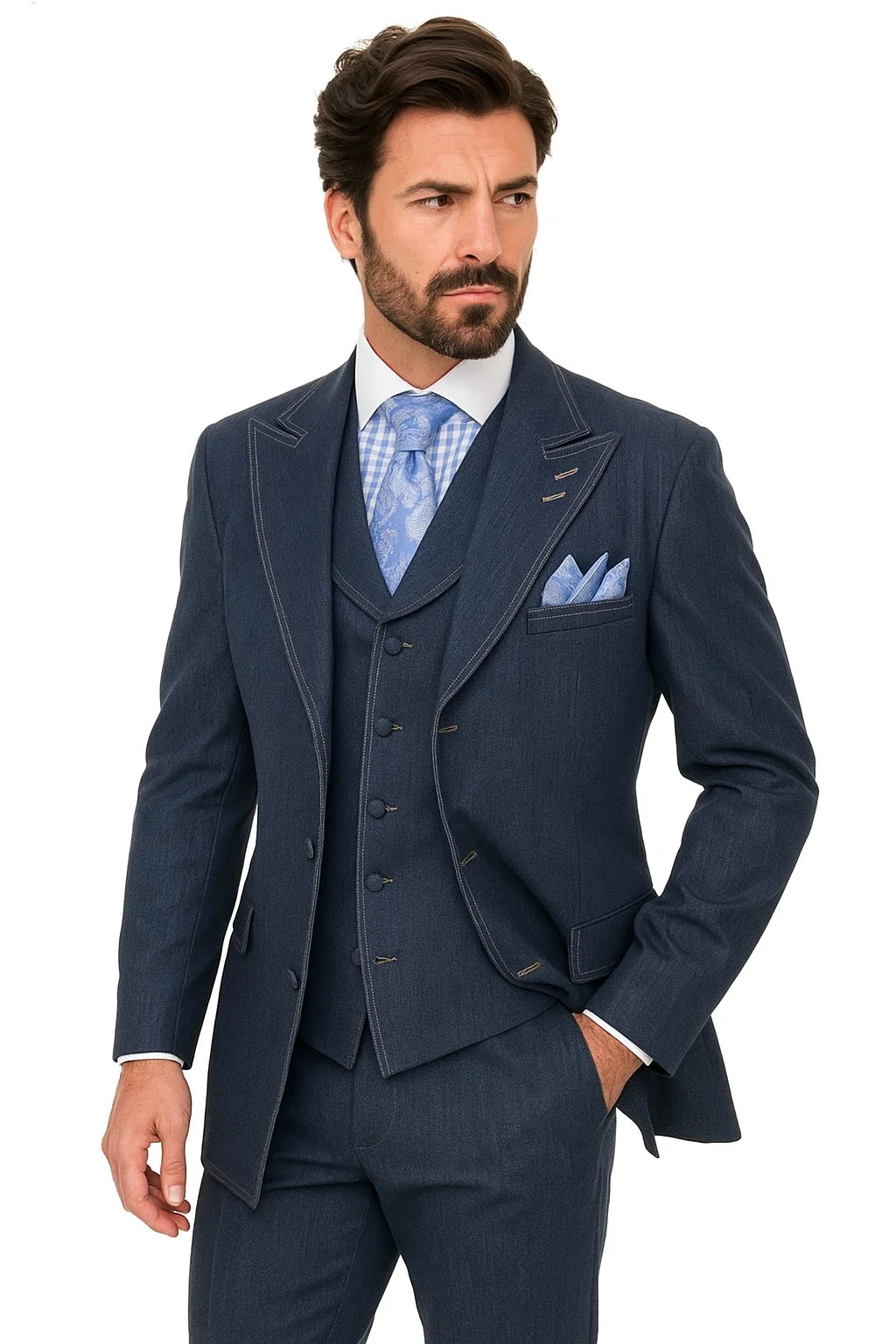 Men's 100% Cotton Denim Suit Set – Double Vent Jacket, Vest & Flat Front Pants Navy / 60 Long