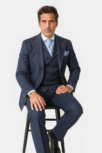 Men's 100% Cotton Denim Suit Set – Double Vent Jacket, Vest & Flat Front Pants Modern Fit Navy / 60 Long