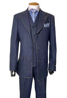 Men's 100% Cotton Denim Suit Set – Double Vent Jacket, Vest & Flat Front Pants