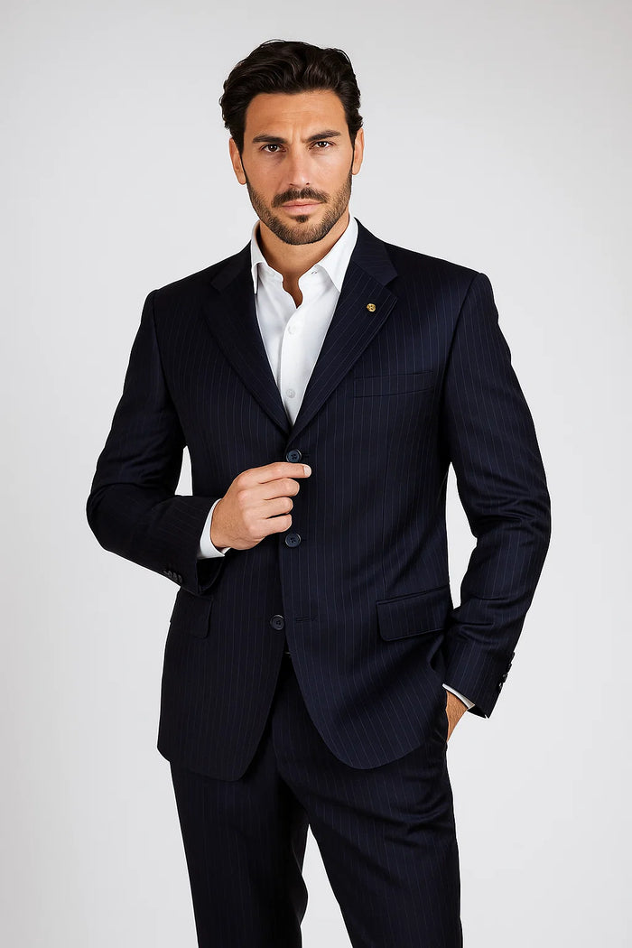 Men's 3 Button Pinstripe Dark Navy Dark Blue Suit