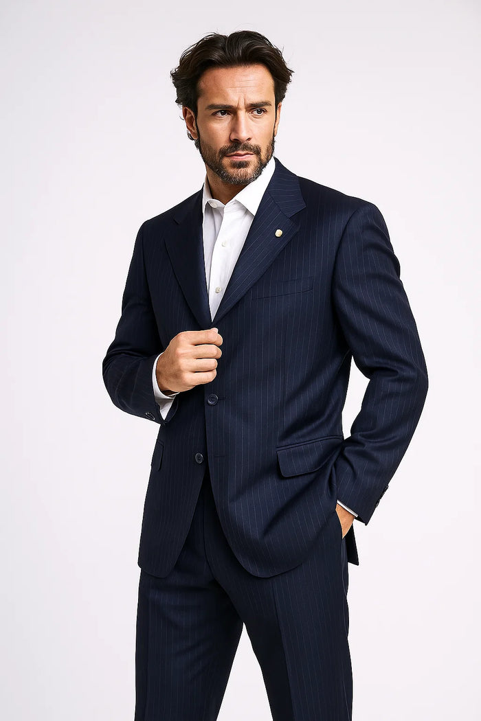 Men's 3 Button Pinstripe Dark Navy Dark Blue Suit