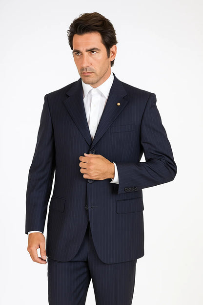 Men's 3 Button Pinstripe Dark Navy Dark Blue Suit