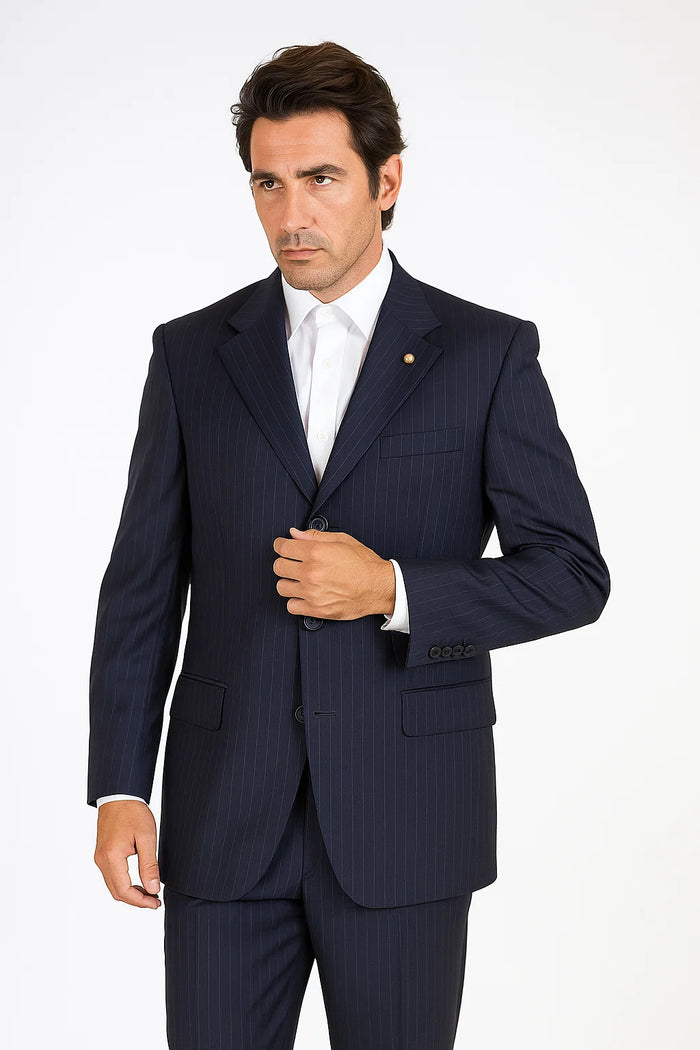 Men's 3 Button Pinstripe Dark Navy Dark Blue Suit