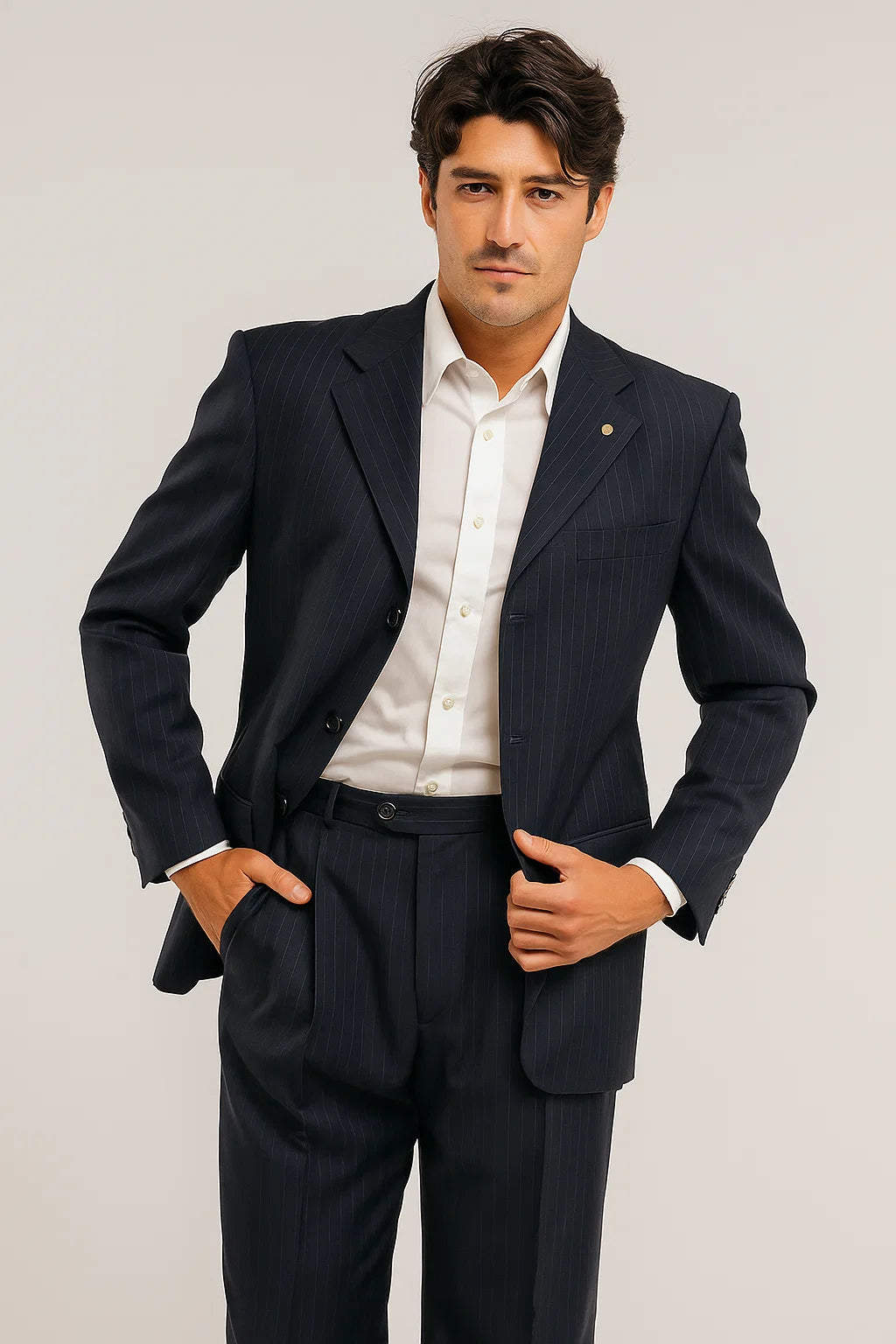 Men's 3 Button Pinstripe Dark Navy Dark Blue Suit
