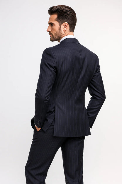 Men's 3 Button Pinstripe Dark Navy Dark Blue Suit