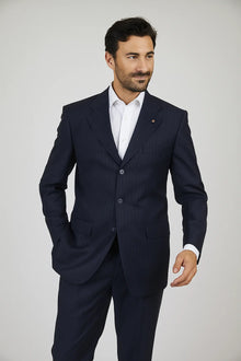 Men's 3 Button Pinstripe Dark Navy Dark Blue Suit
